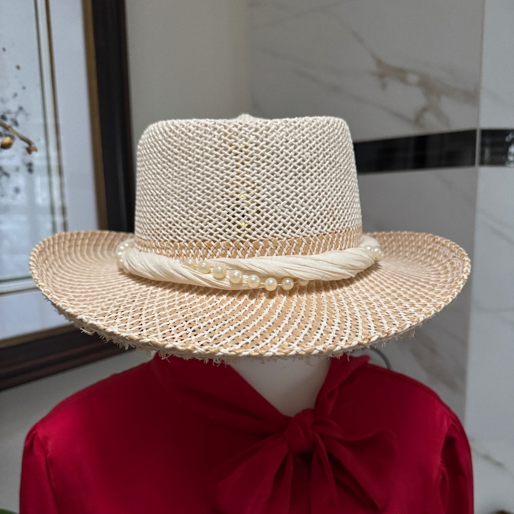Very Cute & Fashionable White Straw Hat with Back Bow and Invitation Pearls.